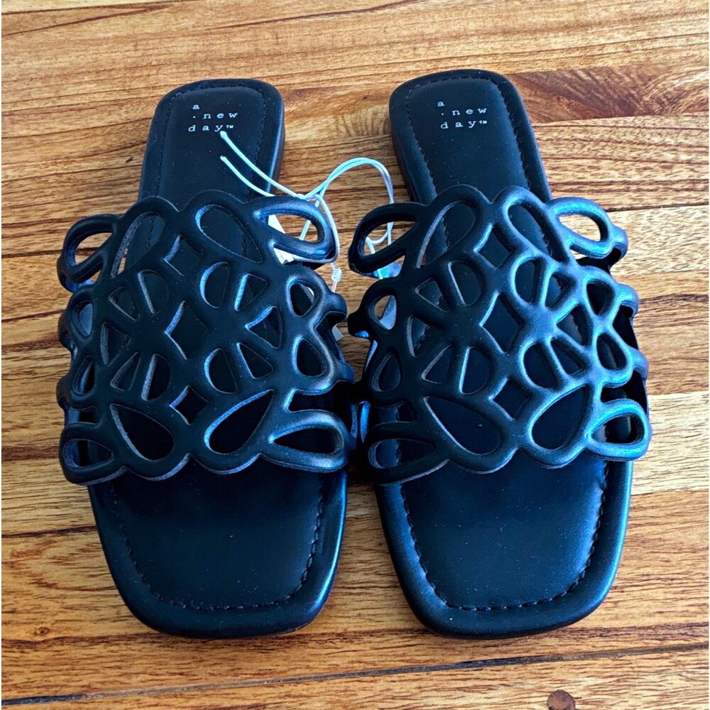 A New Day Fiona Women’s Cutout Slide Sandals Black Slip On Flat US Size 8